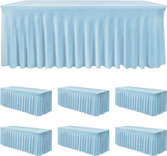 HolidayIdeas 6 Pack 6ft Spandex Table Covers for Baby Shower, Fitted Stretch Table Skirts 30x72 Inch, Wrinkle-Free Floor Length Tablecloths for Weddings, Banquets Events, Baby Blue