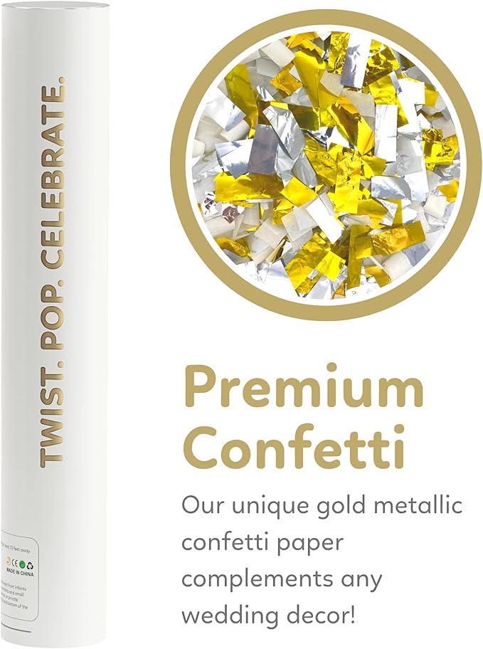 Gold & Silver Confetti Poppers Confetti Cannon | 2 Pack | Party Poppers Decoration for Wedding, Engagement, Graduation, Birthday | Wedding Party Favors | Launches 25 ft | 12 inch | TUR Party Supplies