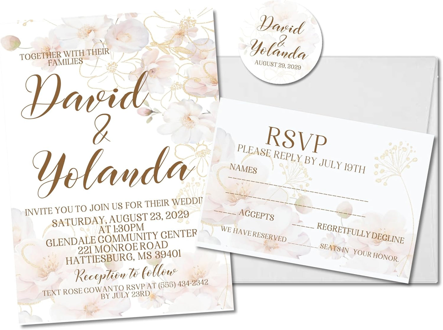 Blush, White & Gold Wedding Invitations, Personalized, Set of 12 Invitations with Envelopes