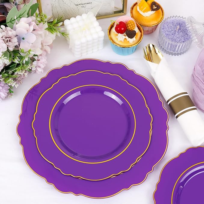 Liacere 175PCS Purple Plastic Plates-Disposable Purple and Gold - 25 guest Baroque Plastic Dinnerware include 50Plates,25Pack Pre Rolled Napkins with Silverware 25Cups for Wedding&Party