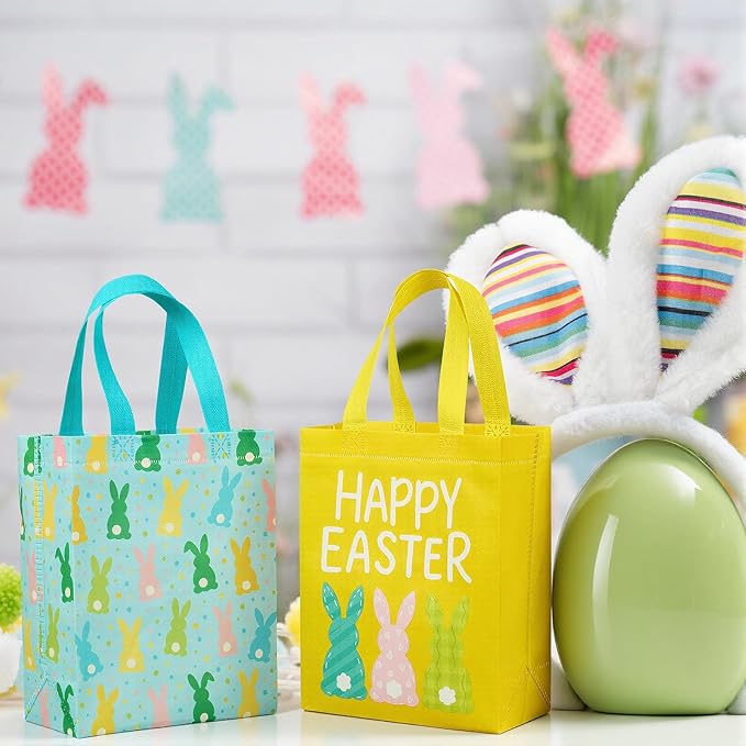 Wovnet 30 Pcs Easter Gift Bags Pastel Colors Easter Bunny Goodie Treat Tote Bags with Handle Reusable Non Woven Rabbit Party Favor Pouch for Spring Party Supplies 10 x 8 x 4in