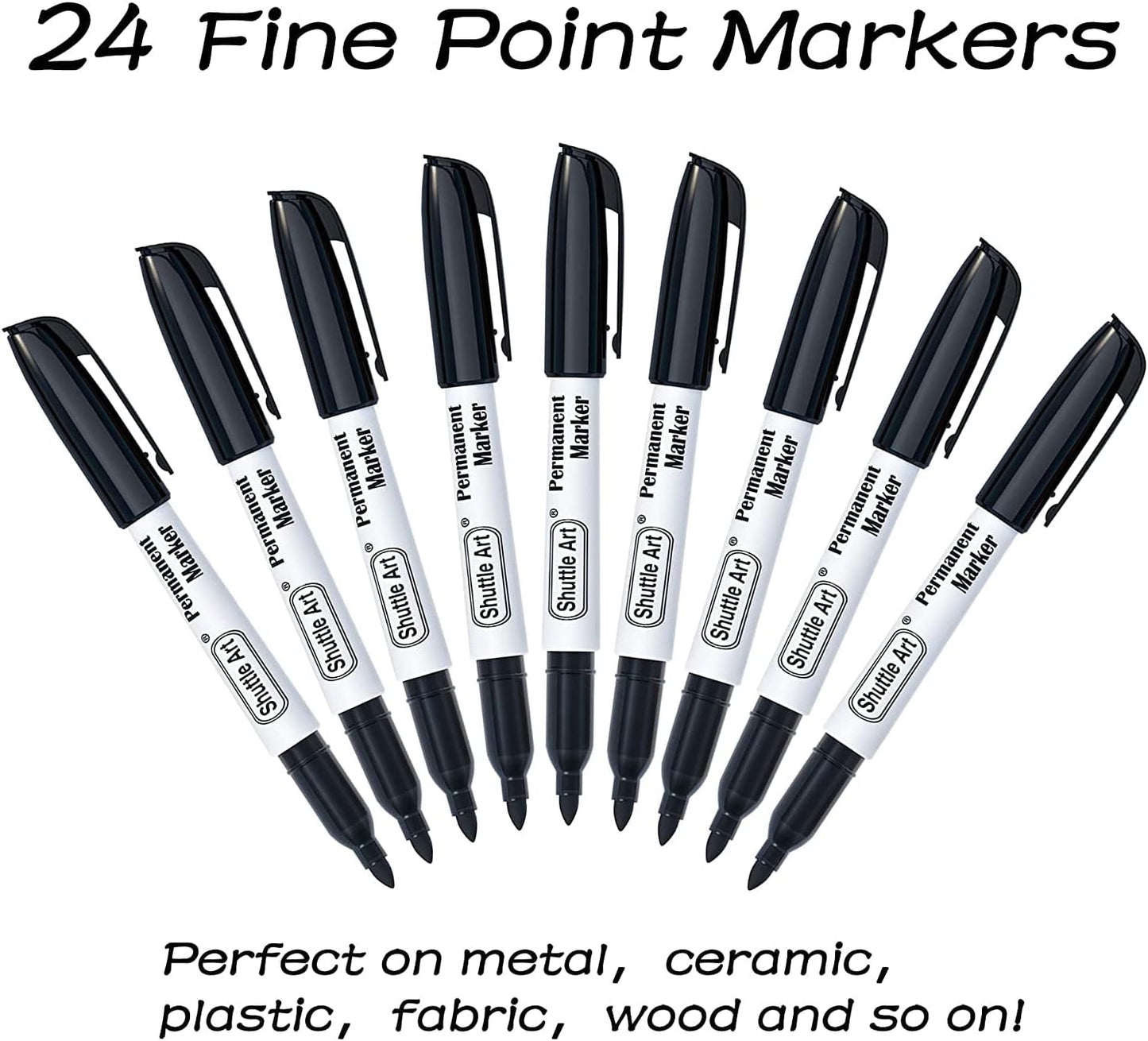 Shuttle Art 24 Black Permanent Markers Fine Tip Markers, Perfect on Plastic, Wood, Stone, Metal and Glass for Doodling, Coloring, Marking, School Supplies