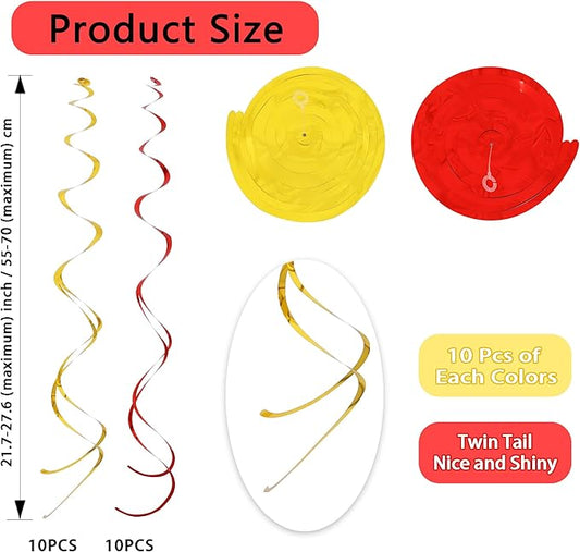 BEISHIDA Red Gold Hanging Swirls Party Decorations Plastic Streamer for Retirement Party Ceiling, Birthday New Year Graduation Wedding Hanging Party Supplies, Pack of 20