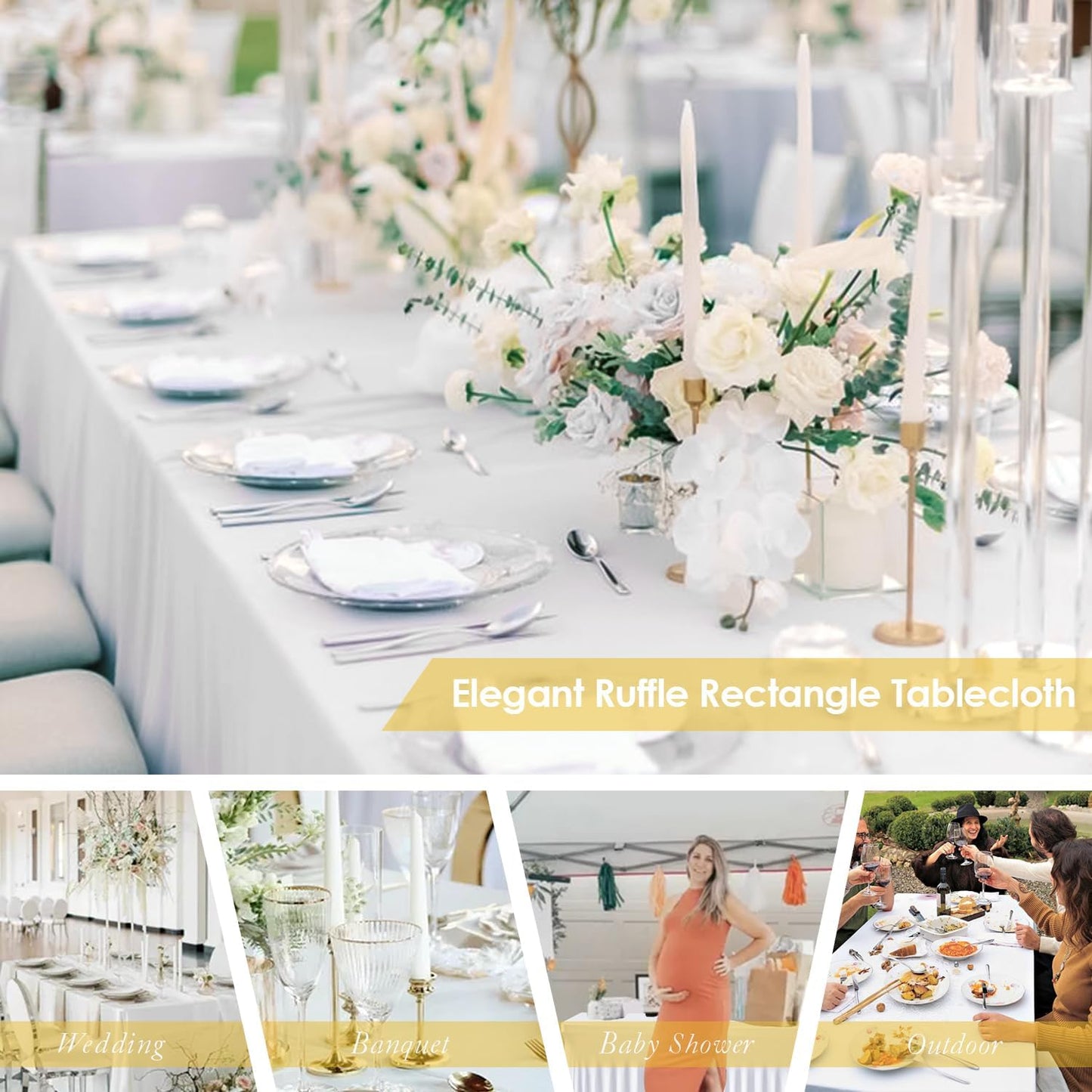 Table Skirt for 6ft Tables Spandex White Table Cover with Skirt 2Packs Stretchy Tablecloth Wrinkle-Resistant Ruffles Elastic Table Covers for Wedding, Banquet, Birthday Parties