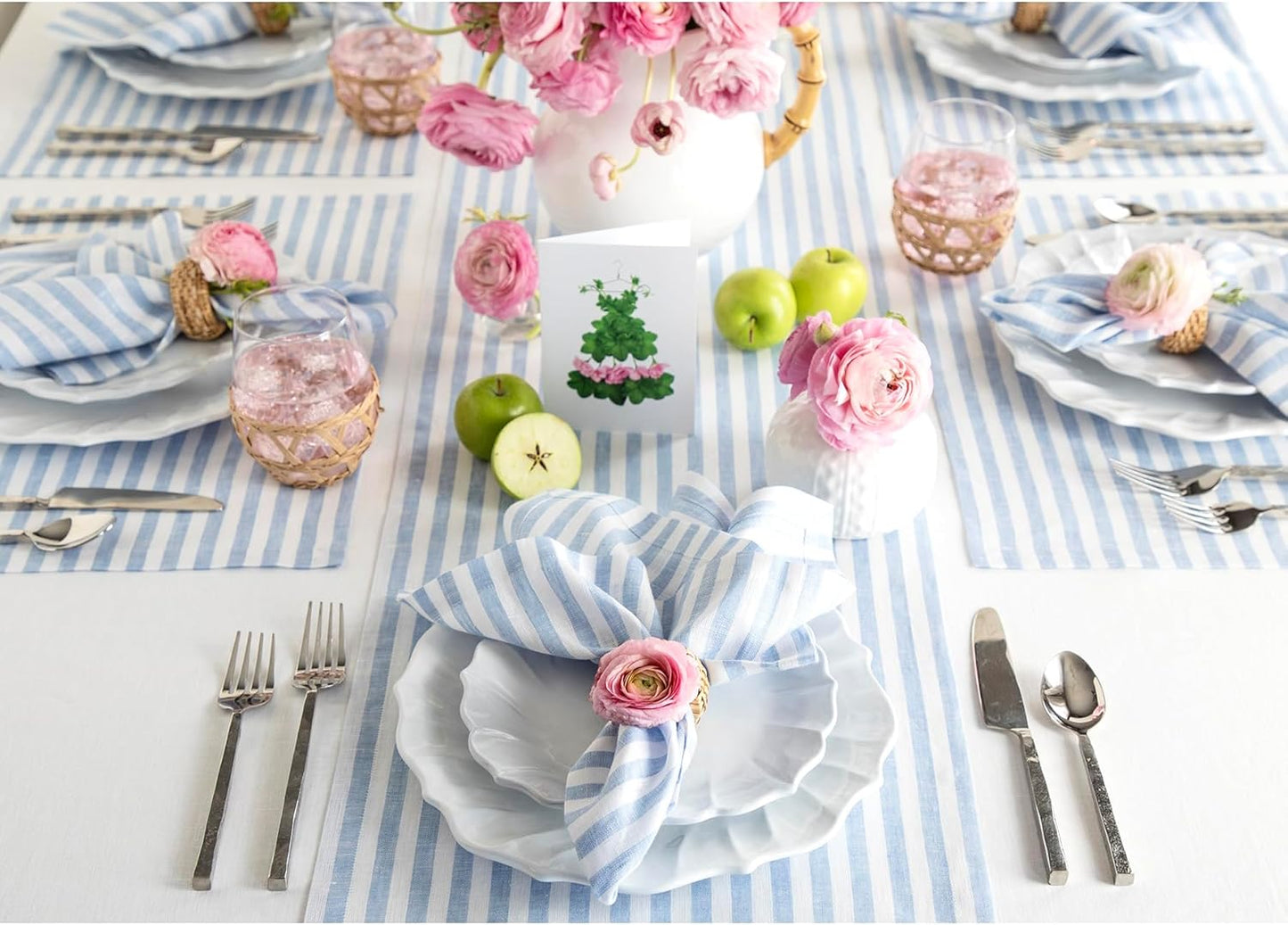 Solino Home Linen Table Runner 108 Inches Long - Amalfi Stripe, 100% Pure Linen Sky Blue and White Table Runner 14 x 108 Inch for Dining, Christmas