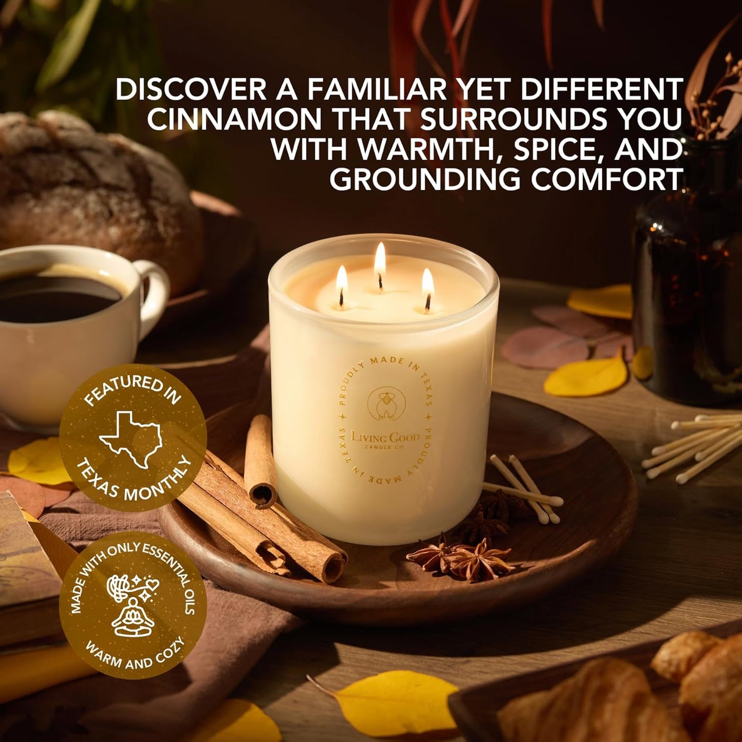 Fall Fresh Cinnamon Bark Essential Oil - Warm & Spicy Pure Beeswax Candle - 90+ Hours Long Burning - Non-Toxic Scented Candles for Autum Home Decor & Aromatherapy for Anxiety Relief - Natural - 15 OZ