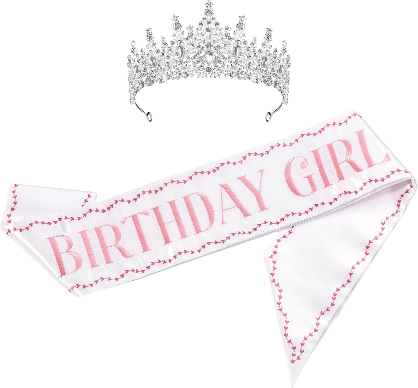 Birthday Girl Sash and Tiara Set – Embroidered Sash with Colored Trim and Silver Rhinestone Tiara – Birthday Party Accessories and Gifts for Women & Girls