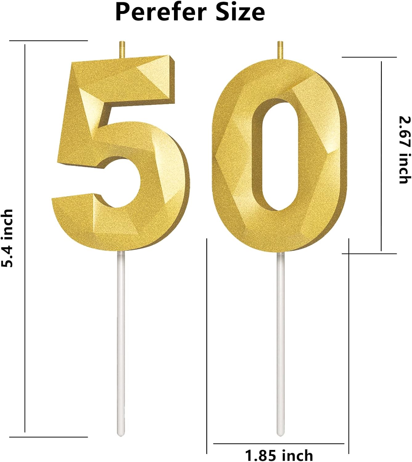Number Birthday Candles(50 Candle Gold) 3D Diamond Shape Number Happy Birthday Cake Candles for Birthday Party Wedding Decoration Reunions Theme Party