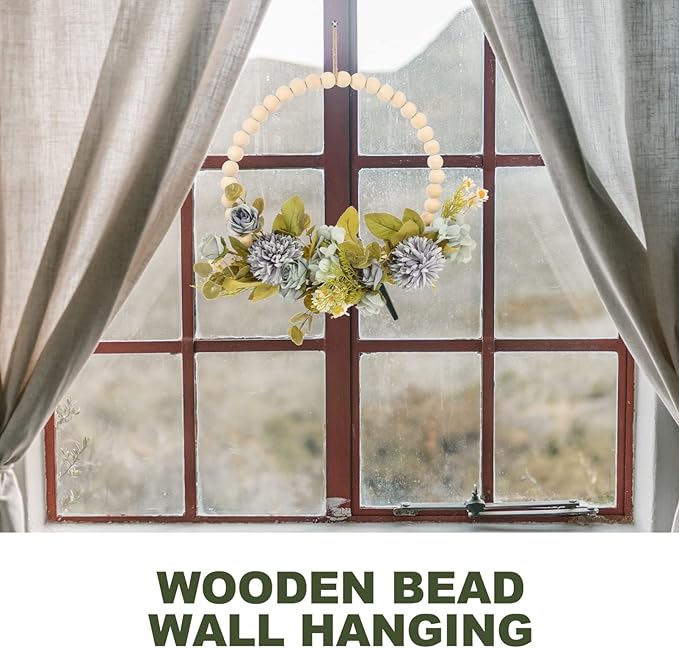 DECHOUS Wood Bead Garland Floral Hoop Wreath Wall Hanging Decor Artificial Flower with Eucalyptus Leaves Hanging Hoop Wreath for Thanksgiving Xmas Wedding Arch Backdrop Door Dark Blue
