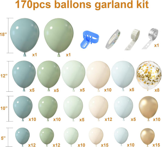 Amandir 173Pcs Dusty Blue Green Balloon Garland Arch Kit, Haze Fog Blue Ash Mist Sage Green Sand White Gold Confetti Balloons for Baby Shower Wedding Bridal Boho Birthday Party Backdrop Decorations