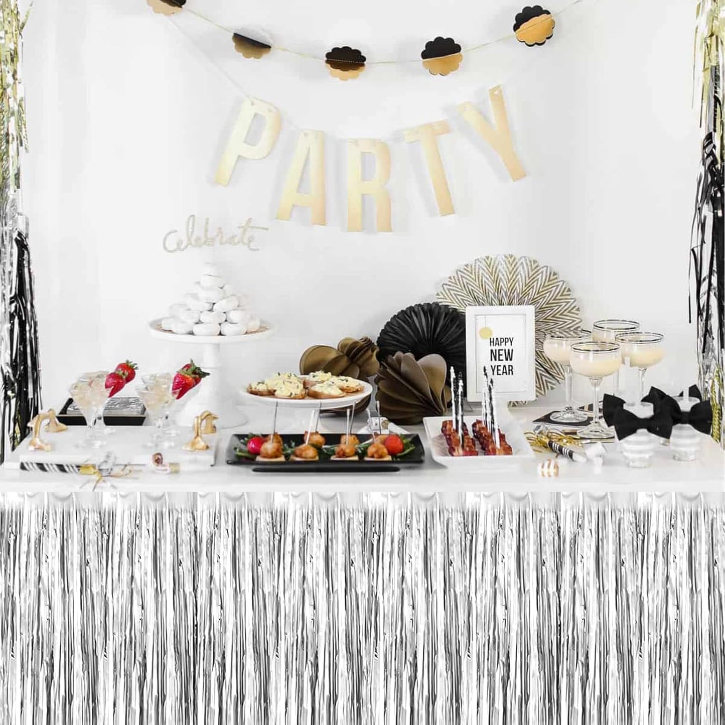 6 Pack 29x108 Inch 2024 New Year Metallic Foil Fringe Table Skirts Banner for Tinsel Streamer Garland Curtains Backdrop for Parade Floats Wedding Baby Shower Birthday Party Decoration Silver