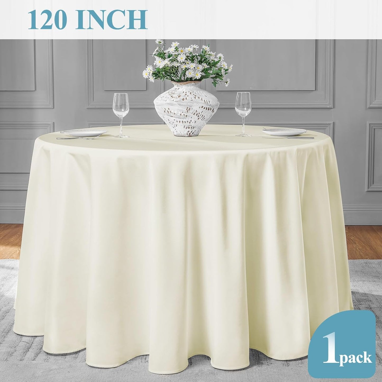 VidaFete Tablecloth 120inch Round Table Cloth Polyester, Stain Wrinkle Resistant Polyester Dining Table Cover for Kitchen Dinning Party Wedding Round Tabletop Buffet Decoration(Ivory)