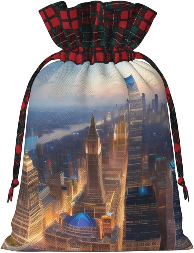 PULaif City Picture Night Christmas Drawstring Gift Bags, Large Size Christmas Bags For Gifts Party Favors, Xmas Gift Bags
