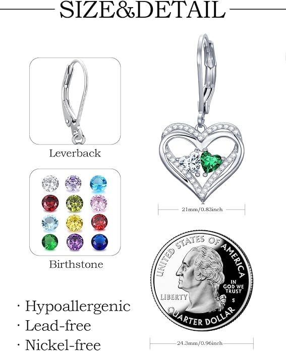 Valentines Day Gifts for Women, Heart Leverback Earrings Double Birthstone Dangle Earrings for Women, Love Jewelry for Her, Anniversary Birthday Gift for Mom Wife Girlfriend