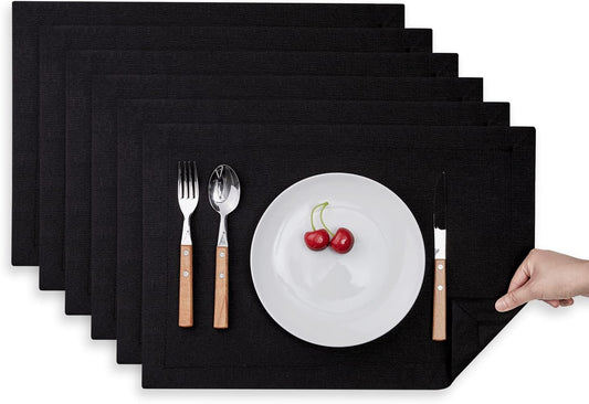 Mebakuk Cloth Placemats, Machine Washable Linen Style Thick Place Mats, Heat Resistant and Easy to Clean Fabric Table Mats for Kitchen Dining Table (Black, Set of 6)