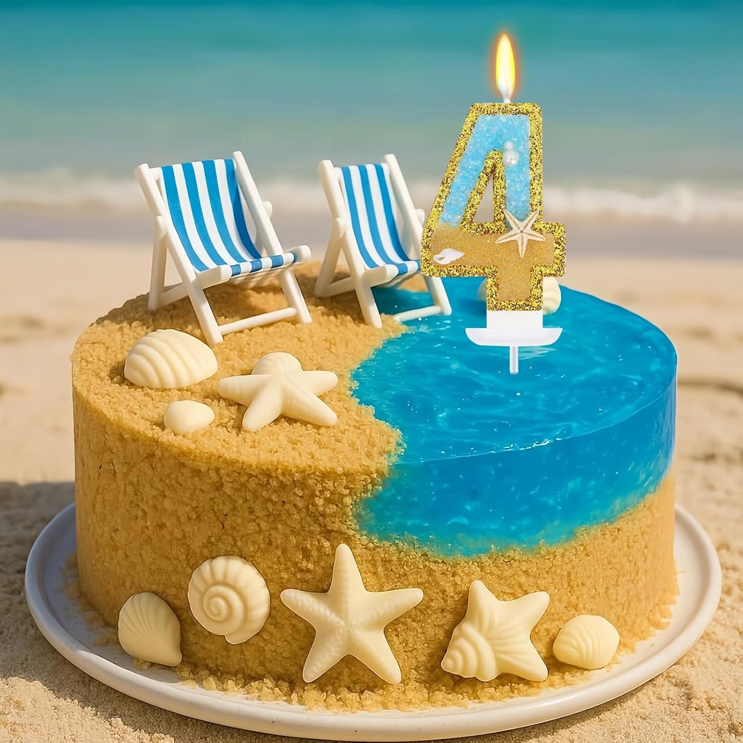 Ocean Number 4 Candle, Glitter Gold Beach Starfish Cake Topper, Tropical Ocean Princess Birthday Decorations for Party Supplies Wedding Anniversaries