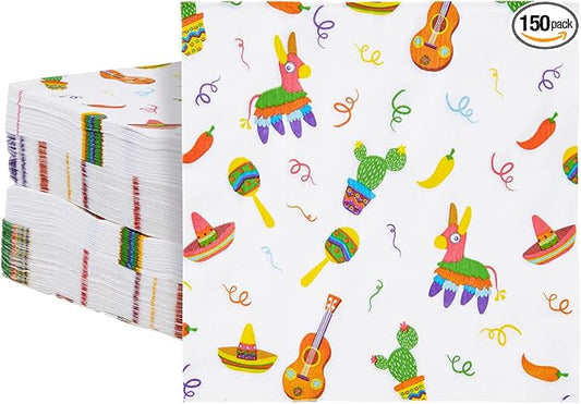 150 Pack Fiesta Napkins for Cinco de Mayo, Mexican Party Decorations (White, 6.5 In)