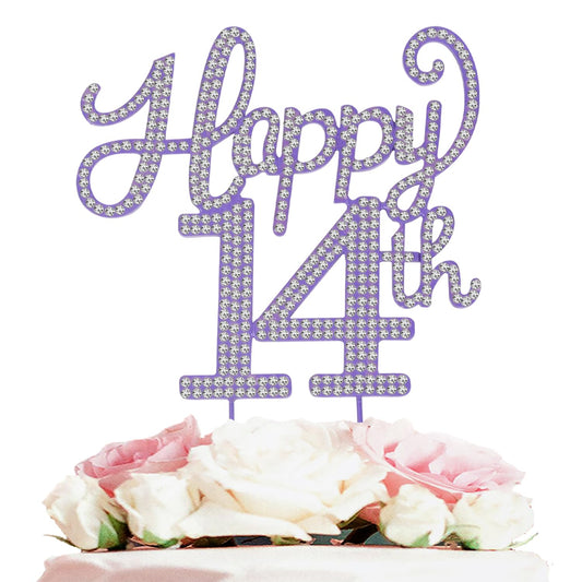 LASKYER Happy 14th Birthday Purple Rhinestone Cake Topper - 14th Birthday/Anniversary,Cheers to Fourteen Years Old Bday Party Metal Sparkly Centerpieces Decorations.
