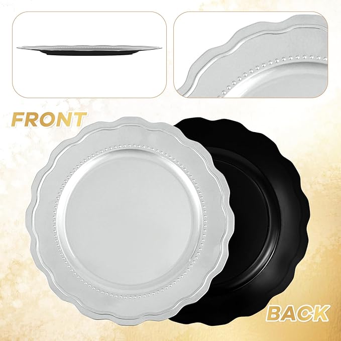 36 Pcs Silver Charger Plates with Wavy Edges, 13 Inch Round Bulk Charger Plate,Elegant Reusable Plastic Dinner Chargers Plates for Wedding Holiday Party Baby Shower Event Decoration (Silver)