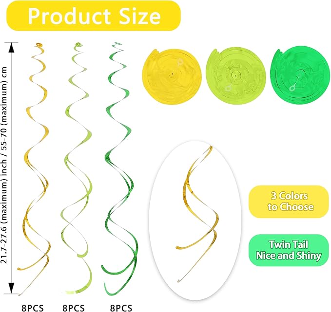 BEISHIDA Green Gold Hanging Swirls Party Decorations Plastic Streamer for Dinosaur Theme Birthday Graduation St. Patrick’s Day Jungle Party Decorations, Pack of 24