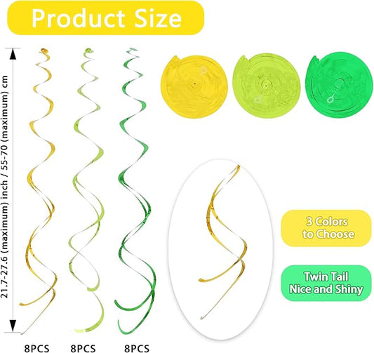 BEISHIDA Green Gold Hanging Swirls Party Decorations Plastic Streamer for Dinosaur Theme Birthday Graduation St. Patrick’s Day Jungle Party Decorations, Pack of 24