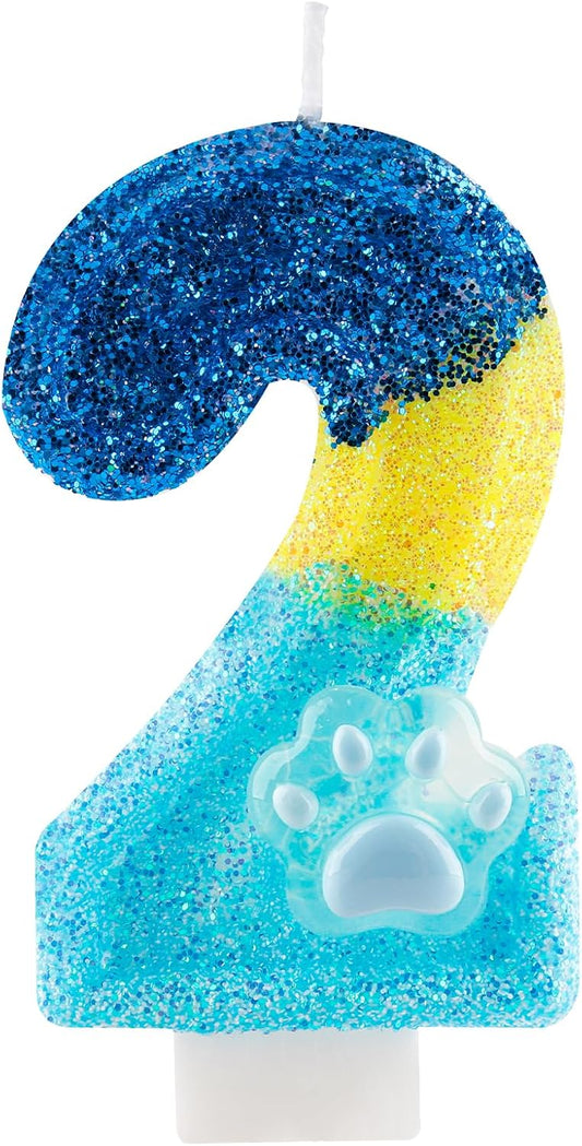 Honglus Glitter Blue Dog Paw 2 Candle for Birthday Blue Number 2 Candle Dog Paw Two Glitter Cake Topper for 2nd Birthday Party Supplies Anniversary Decorations