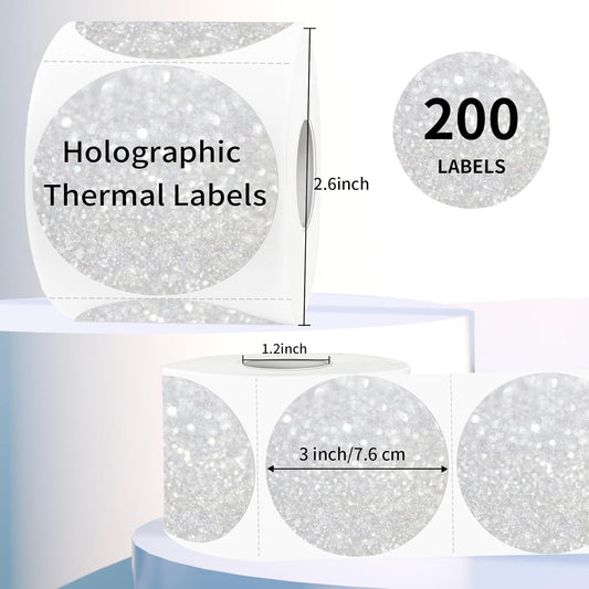 3" Holographic Direct Thermal Label Stickers, Round Printable Rainbow Glitter Thermal Printer Sticker Labels for Gift Wrapping, Self-Adhesive DIY Custom Logo Design- Shiny Silver