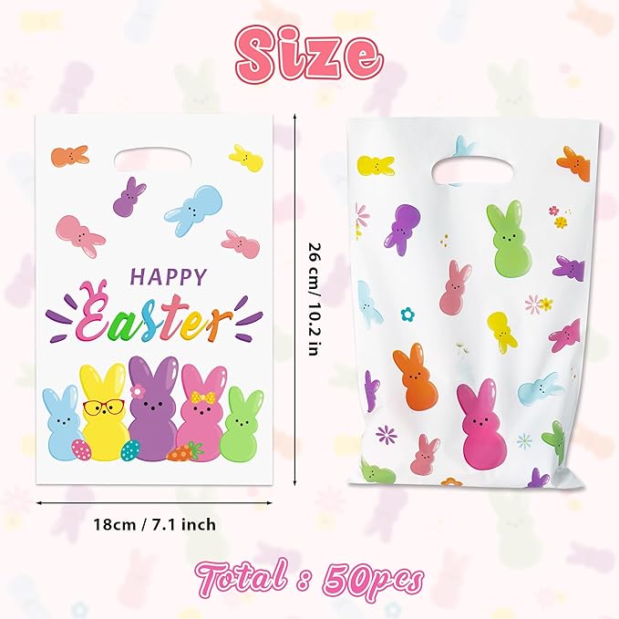 50Pcs Easter Bunny Peeps Party Favor Bag - Happy Easter Rabbit Plastic Waterproof Goodie Bag with Die Cut Handles Rectangular Candy Gift Bags for Kids Festival Decoration Party Favor Supplies