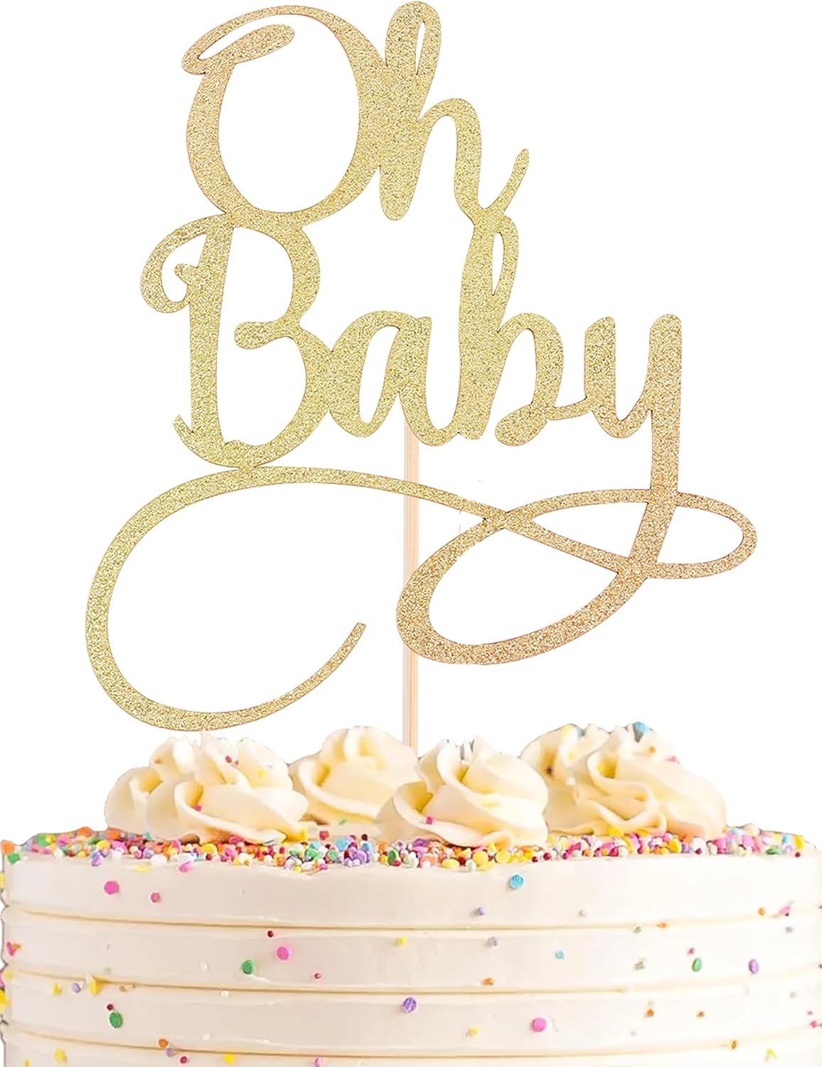 Oh Baby Cake Topper - Premium Gold Baby Birthday Party Cake Decoration Supplies, for Baby Shower/ Gender Reveal Party/ Baby Party Photo Booth Props