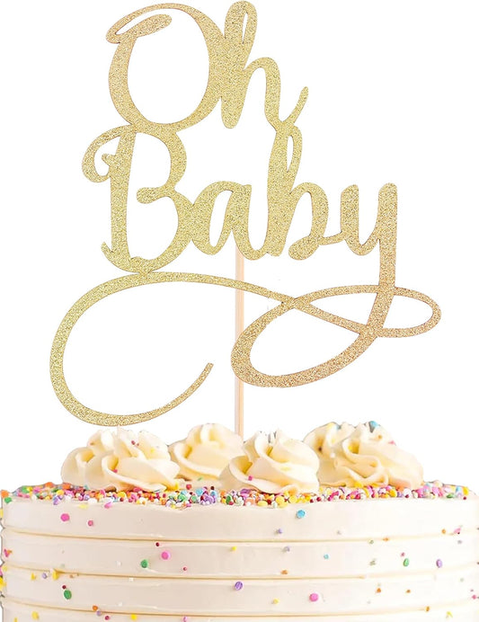 Oh Baby Cake Topper - Premium Gold Baby Birthday Party Cake Decoration Supplies, for Baby Shower/ Gender Reveal Party/ Baby Party Photo Booth Props