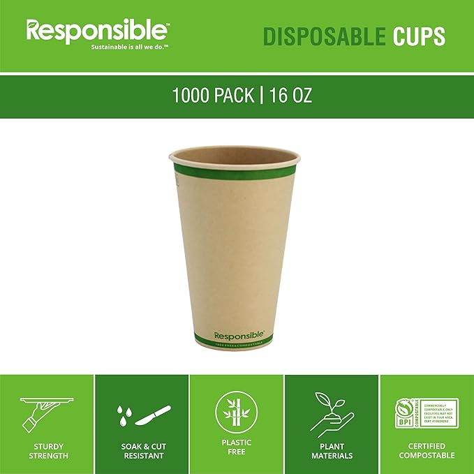 Responsible Products 16 oz Paper Hot Cups, Tree-Less™ Compostable Paper Coffee Cups, Extra Strength, Tree-Free and Made Without PFAS, Natural Brown (1000 Count)