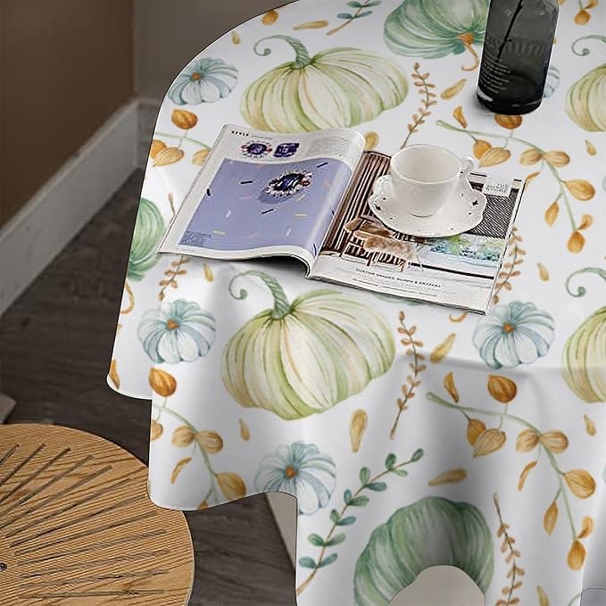YCness Fall Tablecloth, Thanksgiving Autumn Harvest Watercolor Blue Green Pumpkin Orange Leaf Table Cover for Party Picnic Dinner 36x36 Inch Round