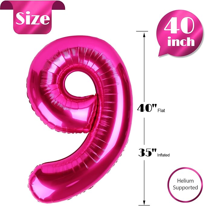 Hot Pink Number 9 Balloon 40 Inch, 9th Birthday Party Decorations for Children, Giant 9 Foil Balloon for Party Supplies