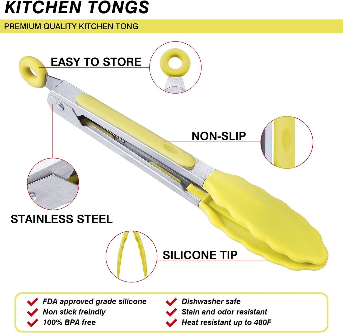 MSY BIGSUNNY Kitchen Food Tongs with Silicone Tips,7 Inch Serving Tongs for Grilling,Locking,BBQ Set of 3 (Yellow)