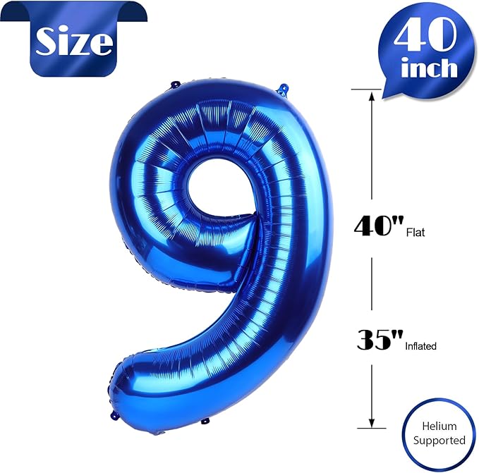 Metallic Blue Number 9 Balloon 40 Inch, 9th Birthday Party Decorations for Children, Giant 9 Foil Balloon for Party Supplies