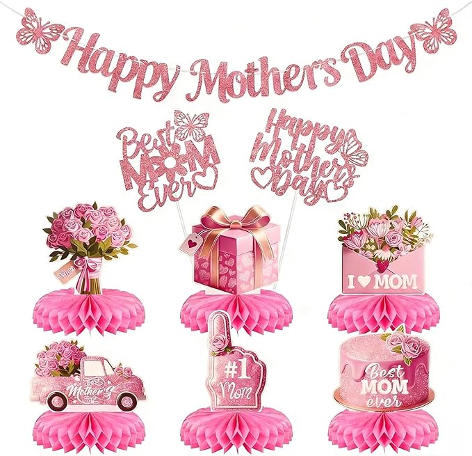 Happy Mother's Day Decorations Set, Happy Mothers Day Banner Cake Toppers Rose Gold Glitter Mothers Day Decor Table Honeycomb Centerpieces for Mothers Day Party Table Decor Supplies