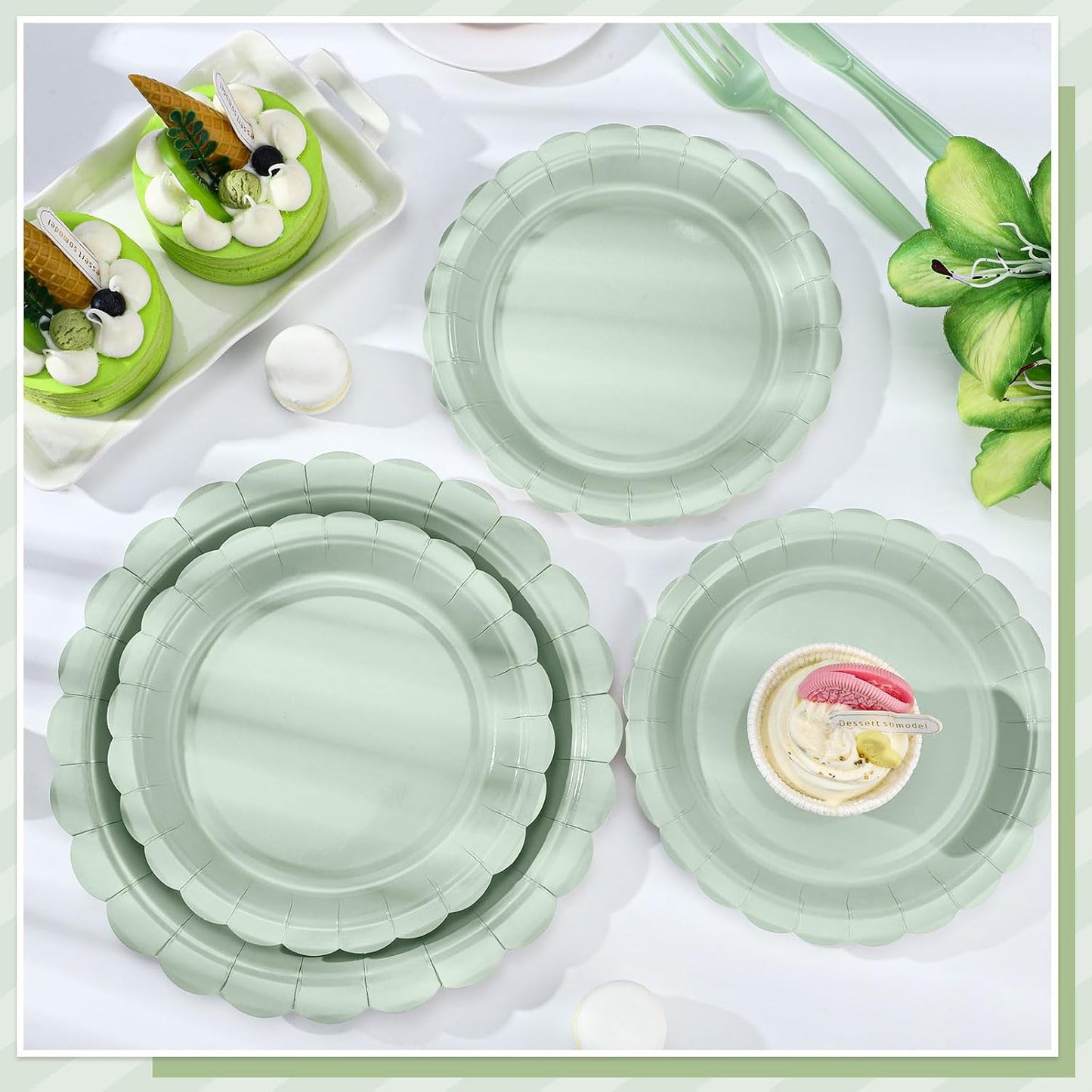 30 Pcs Dessert Plates Disposable, 7 Inch Scalloped Sage Green Cake Plates Small Birthday Appetizer Plate Cute Sage Green Paper Plate for Baby Bridal Shower, Wedding