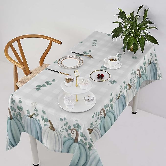 YCness Thanksgiving Pumpkin Tablecloth, Watercolor Eucalyptus Leaves Autumn Harvest Fall Watercolor Blue Gray Grid Table Cover for Party Picnic Dinner Kitchen 60x120 Inch Rectangle