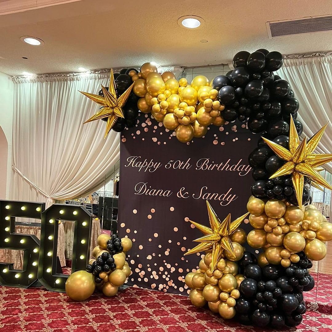 Black and Gold Balloon Arch Kit, 140Pcs Explosion Star Black and Metallic Gold Balloons 22 18 12 10 5 Inch Different Size Balloons for Birthday Anniversary Graduation New Year Decorations