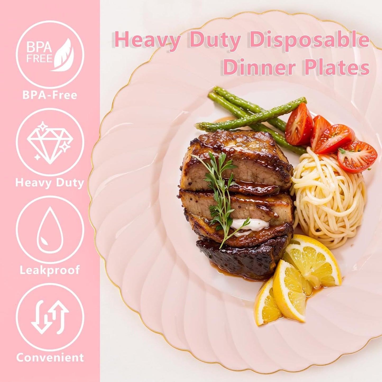 YOUBET 50 Pack Pink Scalloped Plastic Plates - 10.25 Inch Pink Disposable Plates - High End Elegant Vintage Dinner Plate for Party & Weeding & Birthday