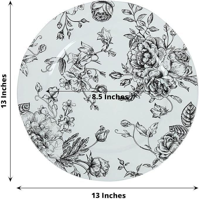 Efavormart 6-Pack Acrylic Charger Plates 13" Round White with Black Floral French Toile Pattern - Decorative Dinner Party Charger Tableware