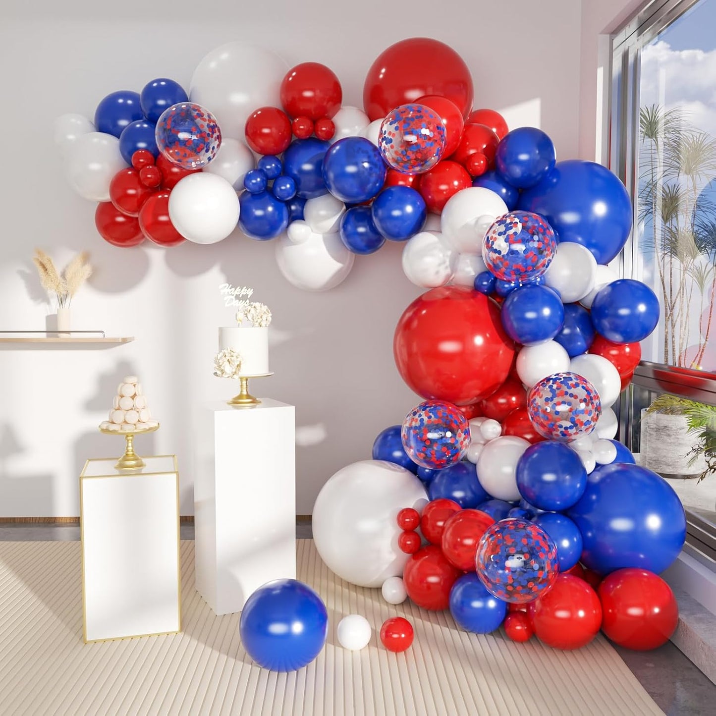 62Pcs 12Inch Bule Red White Balloons Arch Kit, White and Navy Blue Red Confetti Party Balloons with Ribbons for Birthday, Wedding, Baby Shower, Graduation Decorations
