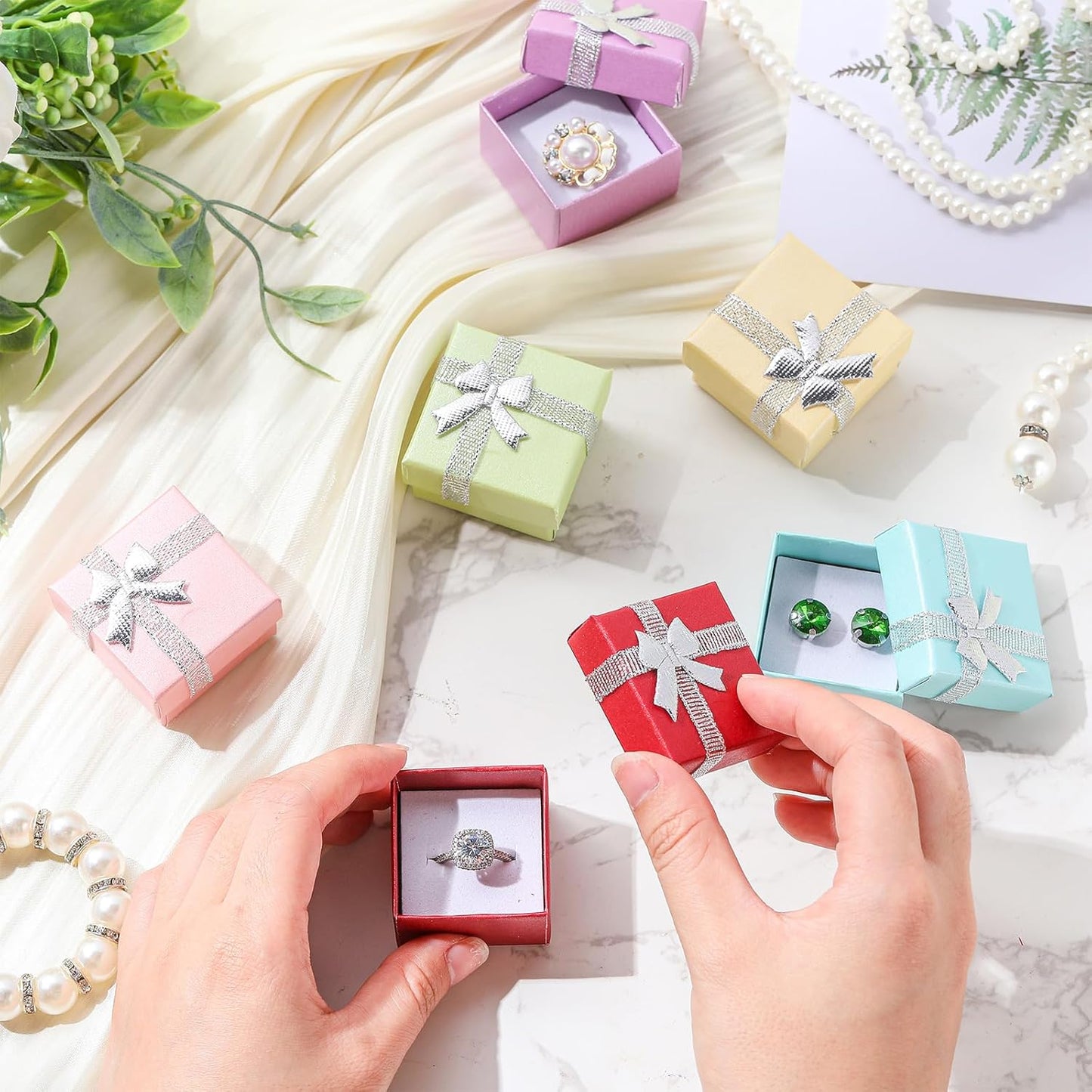 72 Pcs Ring Boxes 1.6 x 1.6 In Hard Cardboard Jewelry Box with Ribbon Bow Small Jewelry Gift Cases for Small Business(Delicate Color)