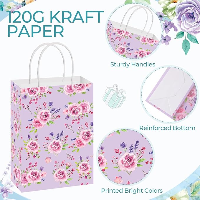 Resholder 30 Pcs Floral Paper Gift Bags with Handles Welcome Tea Party Favor Bags Spring Flower Goodie Gift Candy Treat Pouches for Wedding Bridal Shower Baby Shower Birthday Mother's Day Party