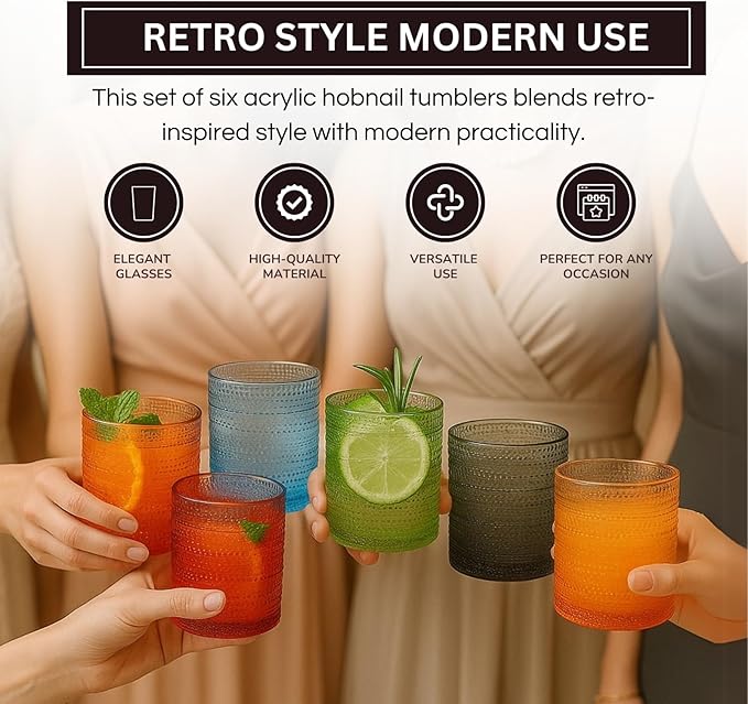 Khen Plastic Hobnail Drinking Glasses Set of 6 Neutral Tones Cups 14oz, Shatterproof & Unbreakable Acrylic Beaded Design, BPA-Free, Dishwasher Safe Indoor/Outdoor Drinkware for Water, Juice, Cocktails