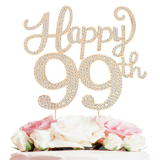 Happy 99th Birthday Decorations,99th Birthday Gold Rhinestone Cake Topper - Cheers to 99 Years Old Bday Party Metal Sparkly Cake Centerpieces Sign.