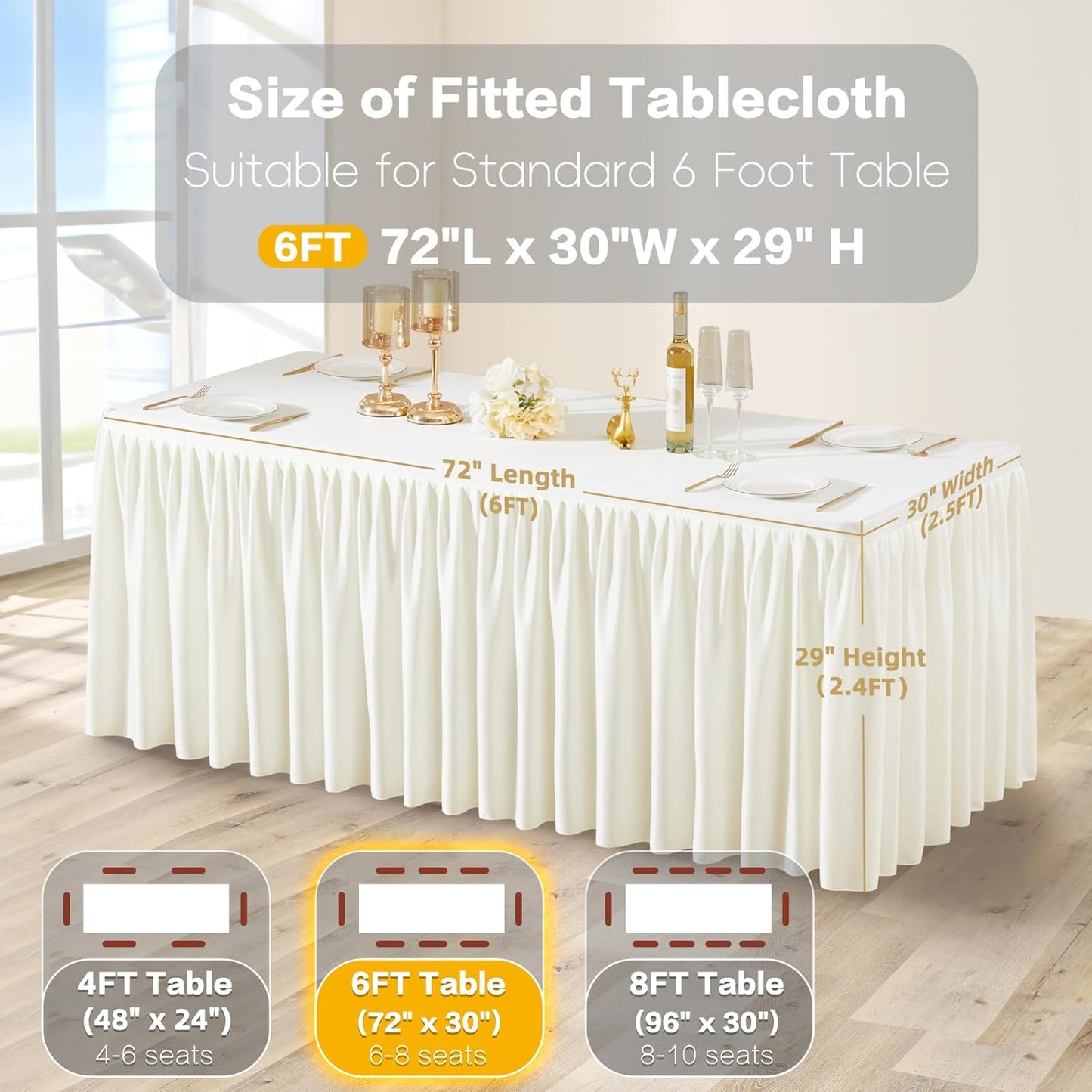 Cream White Table Clothes for Rectangle Tables 6ft, Wrinkle Resistant Fitted Table Cloth with Pleated Ruffle Skirts for Banquet Wedding Baby Shower Folding Tables