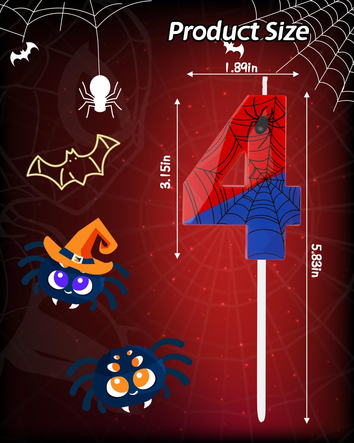 Number 4 Spider Themed Birthday Candle, 2.68 Inch Red Blue Spider Birthday Candles, Number Candles Birthday Cake Toppers Web Candles for Boy Girl Spider Party Decoration Supplies Halloween Party