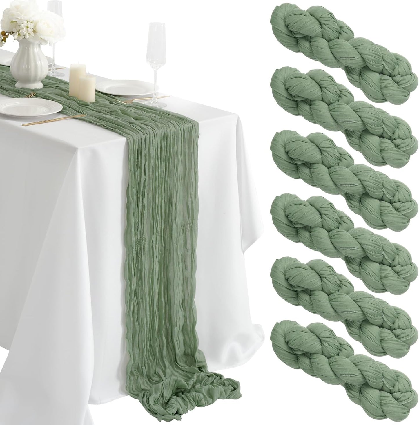 combocube 6 Pack 35x120 Inch 10Ft Cheesecloth Long Table Runner Gauze Rustic Romantic Table Cloth for Wedding Reception Bridal Shower Holiday Birthday Party Table Decorations, Sage Green