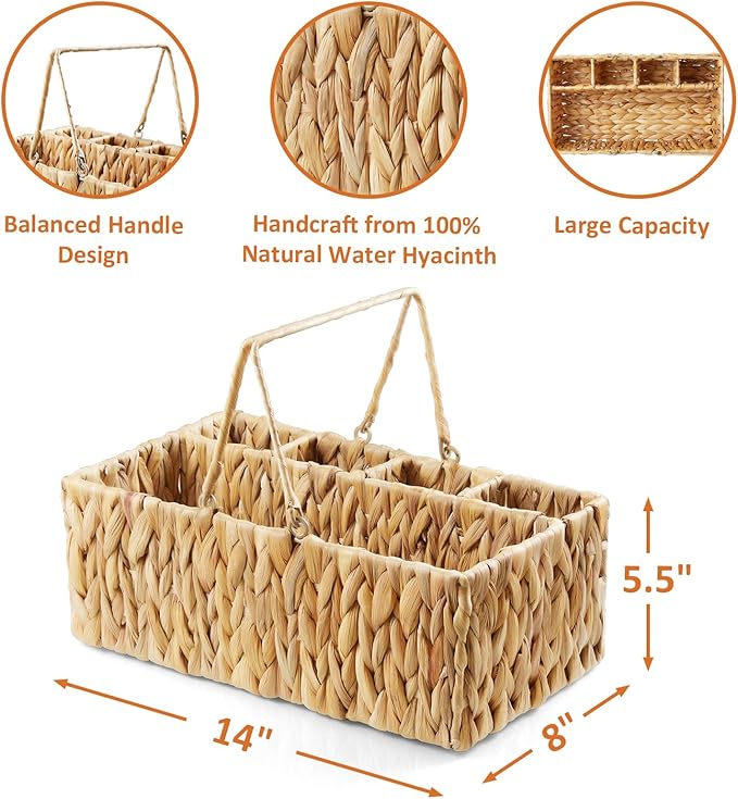 Silverware Holder for Party, Wicker Utensil Caddy, Woven Picnic Caddy for Plates, Water Hyacinth Cutlery Basket, Hosting Essentials Organizer